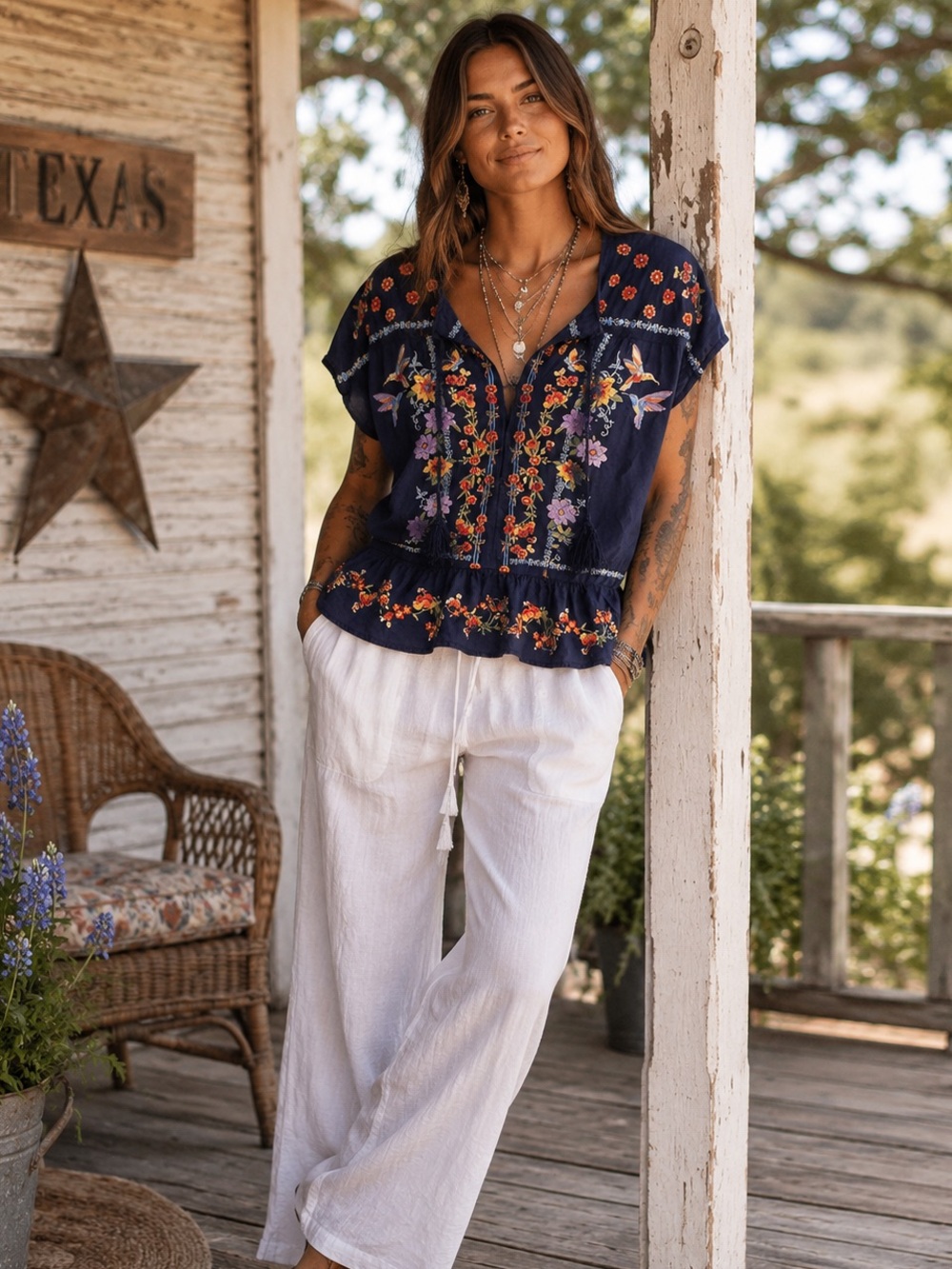 Paparazzi by Biz Navy Embroidered Hummingbird Boho Blouse